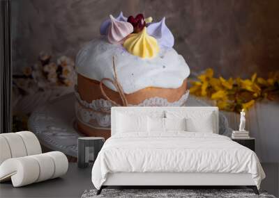 Delicious pastry baking. Easter cake with filling. Quail eggs. Flowers, table, dishes. Wall mural