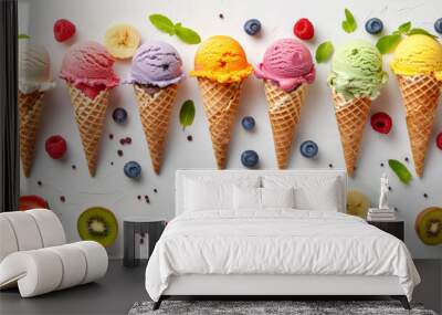 Top view of ice cream cones with different colors and fruit inside, white background, flat lay, in the style of different artists. Wall mural