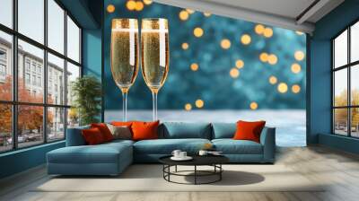 Two champagne glasses with sparkling bubbles on a shimmering surface, perfect for celebration or New Year's Eve. Wall mural