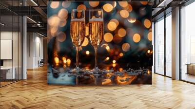 Two champagne glasses with sparkling wine set against a backdrop of golden bokeh lights, creating a festive atmosphere. Wall mural