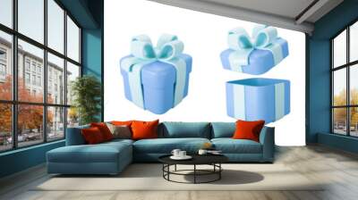 3d blue gift boxes open and closed set with pastel ribbon bow isolated on a white background. 3d render flying modern holiday surprise box. Realistic vector icon for birthday or wedding banners Wall mural