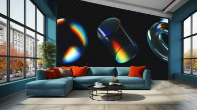 3d crystal glass shapes with refraction and holographic effect isolated on dark background. Render transparent glass rotate figure with overlay dispersion light, rainbow gradient. 3d vector morphism Wall mural