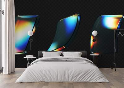 3d deform glass crystal liquid figure set with rainbow reflection light isolated on dark background. Transparent flying 3d curvy glass square shapes or button with hologram gradient. 3d vector figure Wall mural