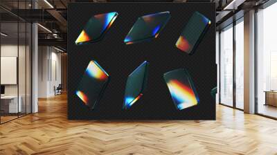 3d glass square shapes set with refraction and holographic effect isolated on black background. Render transparent crystal glass button with dispersion light, rainbow gradient. 3d vector illustration Wall mural