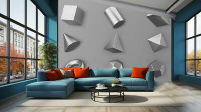 3d render chrome geometric shapes objects set isolated on grey background. Metal glossy realistic primitives - cube, cylinder, pipe with shadows. Abstract decorative vector figure for trendy design Wall mural