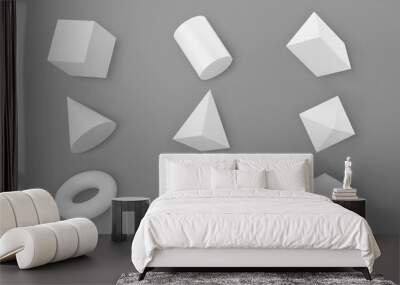 3d render white geometric shapes objects set isolated on grey background. White realistic primitives - cube, pyramid, torus, cone with shadows. Abstract decorative vector figure for trendy design Wall mural