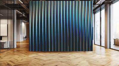 3d transparent ribbed glass background with refraction and holographic effect. Reeded glass with rainbow gradient. Render of corrugated wall with overlay reflection light on dark. 3d vector background Wall mural