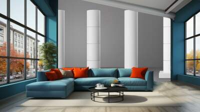 Base white cylindrical columns set isolated on grey background. Realistic 3d pillar for modern room interior or bridge construction. Vector render pole base for banner or billboard Wall mural