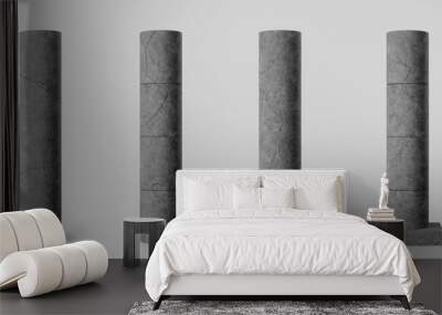 Black concrete broken cylindrical columns set with cracks isolated on grey background. Realistic dark old cement 3d pillar for modern interior or bridge construction. Textured concrete pole base Wall mural