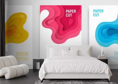 paper cut banner set with 3d slime abstract background and blue, pink, yellow waves layers. abstract Wall mural