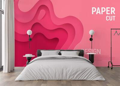 Pink paper cut banner with 3D slime abstract background and pink waves layers. Abstract layout design for brochure and flyer. Paper art vector illustration Wall mural