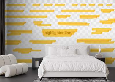 Yellow highlighter lines set isolated on transparent background. Marker pen highlight underline strokes. Vector hand drawn graphic stylish element Wall mural