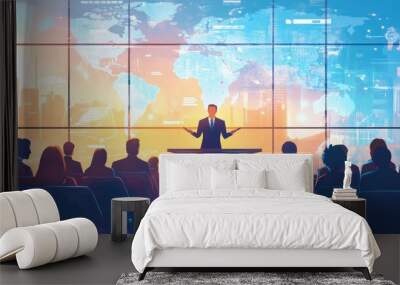 A business executive giving a presentation on global business expansion to a multinational audience, modern conference room Wall mural