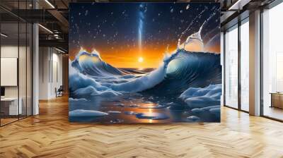 Close up of waves in the ocean with sunset background, stars, dark sky and copy space area Wall mural