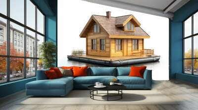 Floating house isolate on white background, aquatic setting, Wall mural