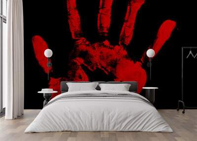 Bloody hand print isolated on black background. Royalty high-quality free stock photo image of  Horror scary blood dirty handprint and fingerprint overlay on black backgrounds Wall mural