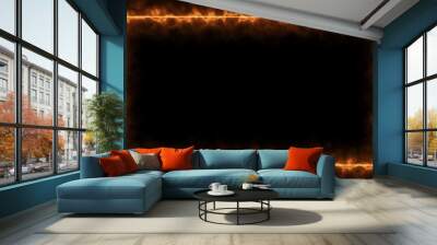 Empty frame with fire border glowing, burning flame signboard. Blank rectangle sign fire flames around frame lights. The best stock of photo image signboard orange fire burning on black background Wall mural