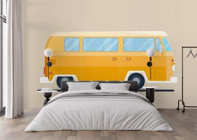 Retro vintage yellow travelling van. Camping, road trip, summer concept. Flat vector illustration in flat style Wall mural