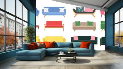 Set of different sofas and armchairs for living room design. Vector illustration in flat style isolated on white background Wall mural