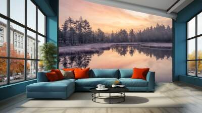 Calmness and cold autumn morning landscape with sunrise, beautiful reflections and peaceful lake in Finland Wall mural