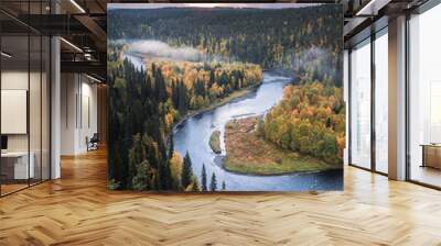 Scenic river landscape with fall colors woodland at autumn morning in National Park, Finland Wall mural