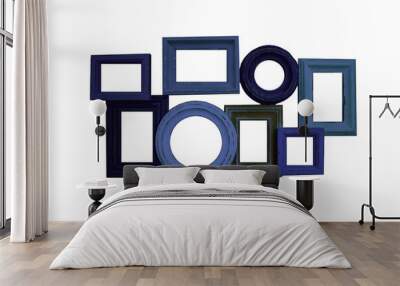 blue picture frames. photo border. empty interior old style colorful wall elements. round and square Wall mural