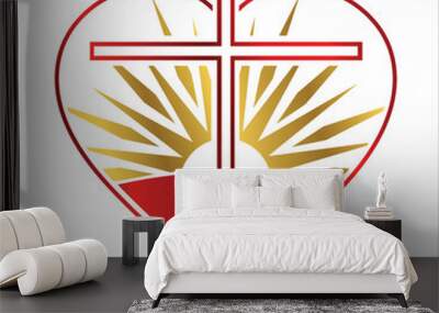 Church logo. Heart shape with a cross and sun inside. Christian icon of a heart a sun and a cross Wall mural