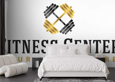 Classic fitness logo. Two barbells in rich gold and black colors. Fitness center icon isolated on white background Wall mural