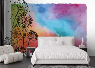 Thinking of you greeting card. Colorful watercolor background with silhouetted flowers and typography   Wall mural