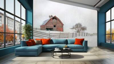 Original winter photograph of an old red barn with a long rickety wood fence in the snow Wall mural