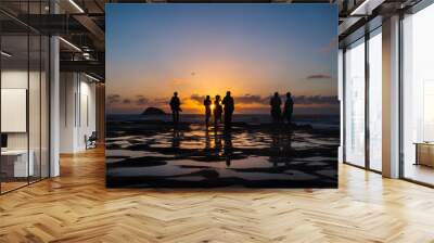 Silhouette image of people enjoying sunset at Muriwai beach, Waitakere, Auckland Wall mural