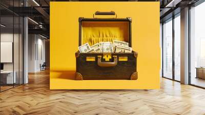 A black suitcase with yellow handles is filled with money Wall mural