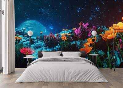 A colorful field of flowers with a bright orange sun in the background Wall mural