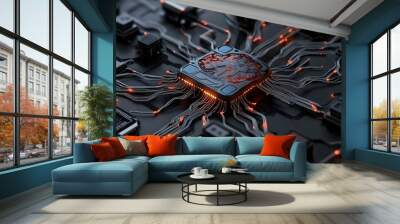 A computer chip with a brain on it Wall mural