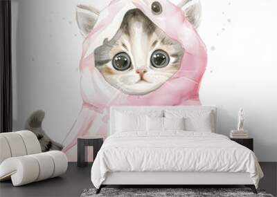 A cute kitten is wearing a pink blanket and looking at the camera Wall mural