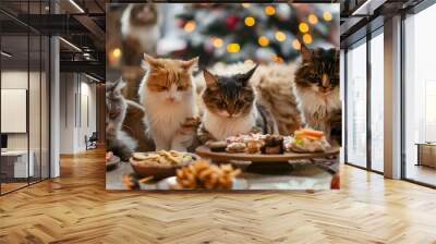 A group of cats sits at a festive holiday dinner table, surrounded by various foods and holiday decorations. Wall mural