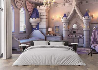 A magical children's bedroom inspired by a princess theme, featuring castle elements, elegant furniture, and soft purple tones. Wall mural