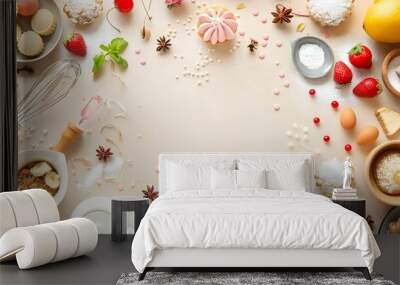 Flat lay of baking ingredients, utensils, and an array of fresh desserts surrounded by scattered berries and nuts on a pastel background. Wall mural