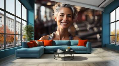 A stylish lady radiates joy and confidence as she poses indoors, her genuine smile highlighting the beauty of her human face and fashionable clothing Wall mural