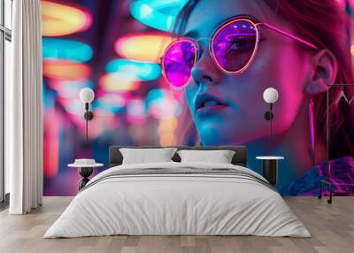 A woman stands amidst vibrant neon lights, evoking a sense of futurism and nightlife with a mysterious touch Wall mural