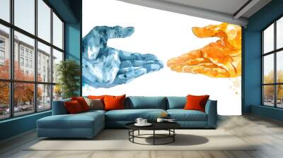 Conceptual image of two hands reaching towards each other painted in contrasting blue and orange hues Wall mural