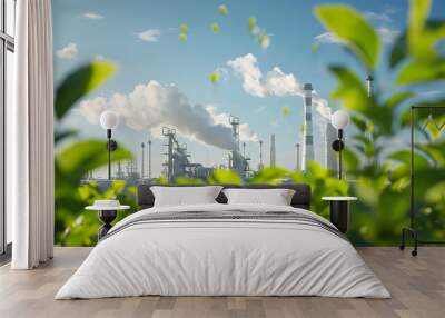 Vibrant green leaves in the foreground with industrial smokestacks and white smoke in the background under a clear blue sky Wall mural