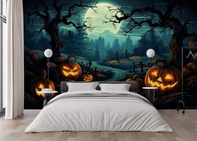 Halloween background with Evil Pumpkin. Spooky scary dark Night forrest. Holiday event halloween banner Wall mural