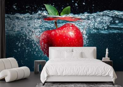  A red apple floats in the water with a green leaf protruding from its stem Wall mural