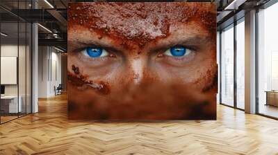  A tight shot of a man's face with deep-set blue eyes against a backdrop of brown earth and surrounding dirt Wall mural