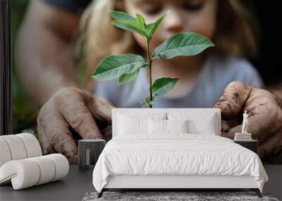  A young girl cradles a plant as a man positions it above the soil for her to gently insert Wall mural