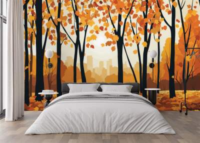 Autumn forest illustration with orange leaves and cityscape background, perfect for fall decor Wall mural