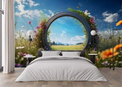 Circular portal in vibrant meadow with flowers in full bloom under clear blue sky. Generative AI Wall mural