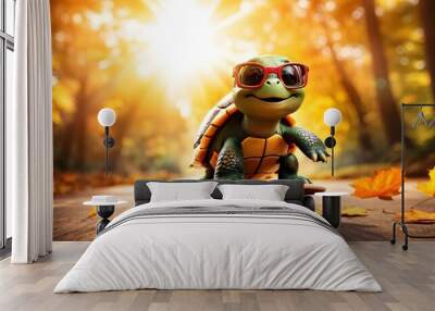 Cool turtle wearing sunglasses skateboarding in autumn park; whimsical adventure Wall mural