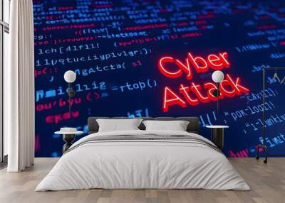 Cyber Attack text with code background, dark blue and red, digital security concern Wall mural